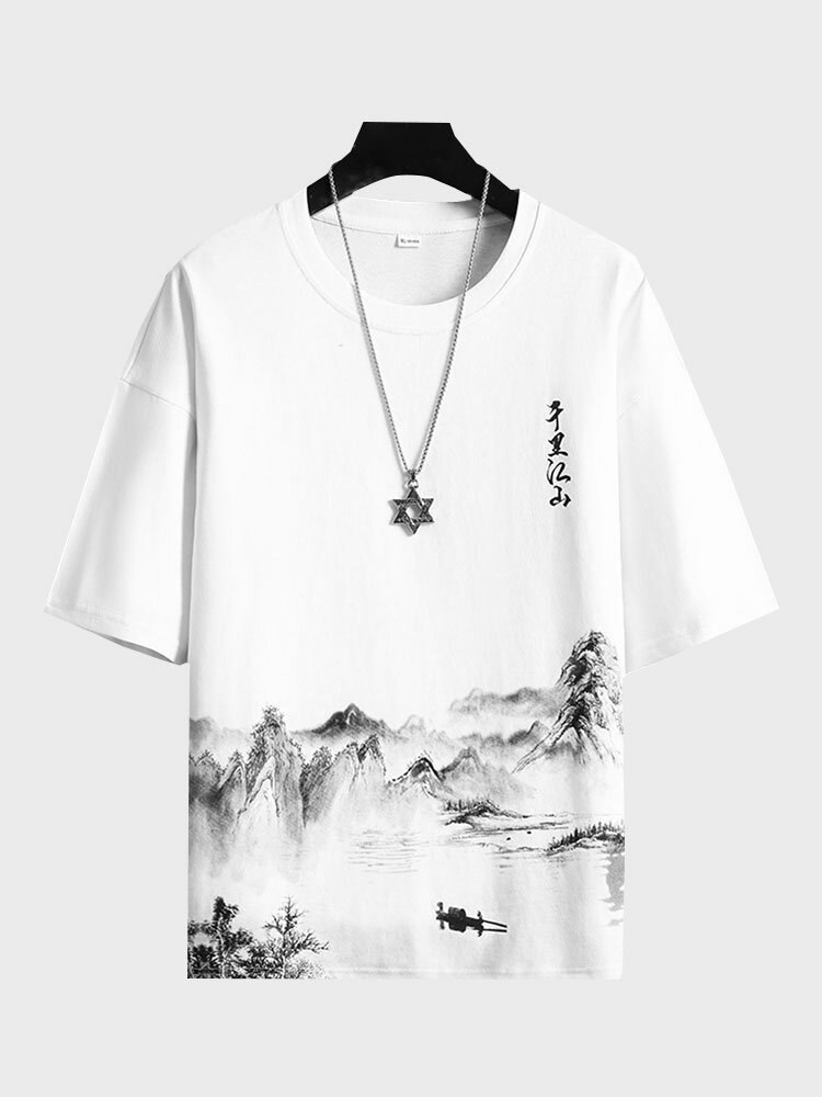 Camisetas masculinas de manga curta com impressão de paisagem em tinta chinesa gola redonda