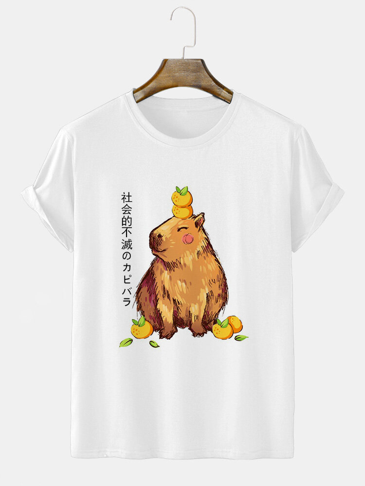 Mens Cartoon Animal Japanese Print Crew Neck Short Sleeve T-Shirts Winter