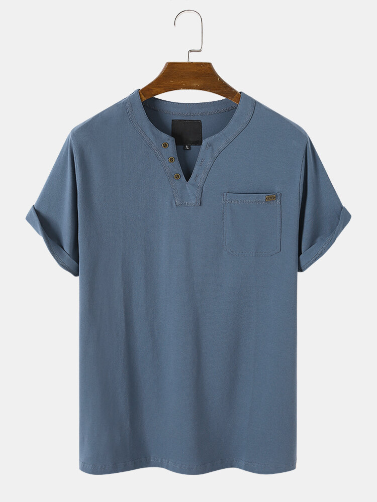 Men Cotton Henley Collar Solid Chest Pocket Short Sleeve BreathableT-Shirts