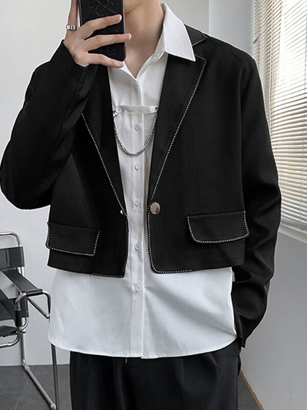 

Mens Contrast Lapel Long Sleeve Crop Blazer, Black;white