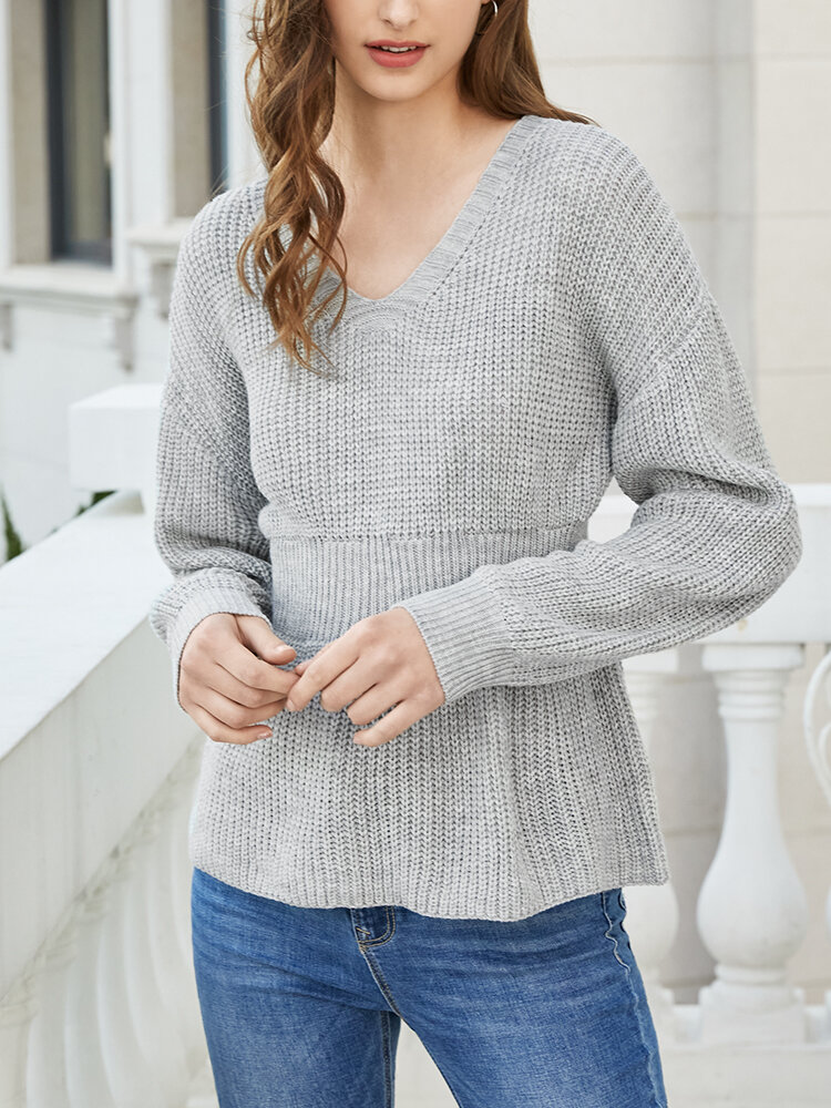 Solid Color V-neck Ruffle Hem Knitted Women Sweater