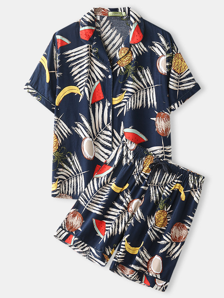 Plus Size Women Tropical Fruit & Leaf Print Revere Collar Casual Pajama Sets