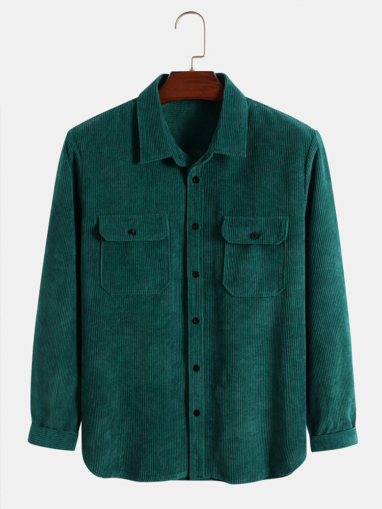 

Mens Corduroy Solid Double Flap Pocket Basics Long Sleeve Shirts, Green