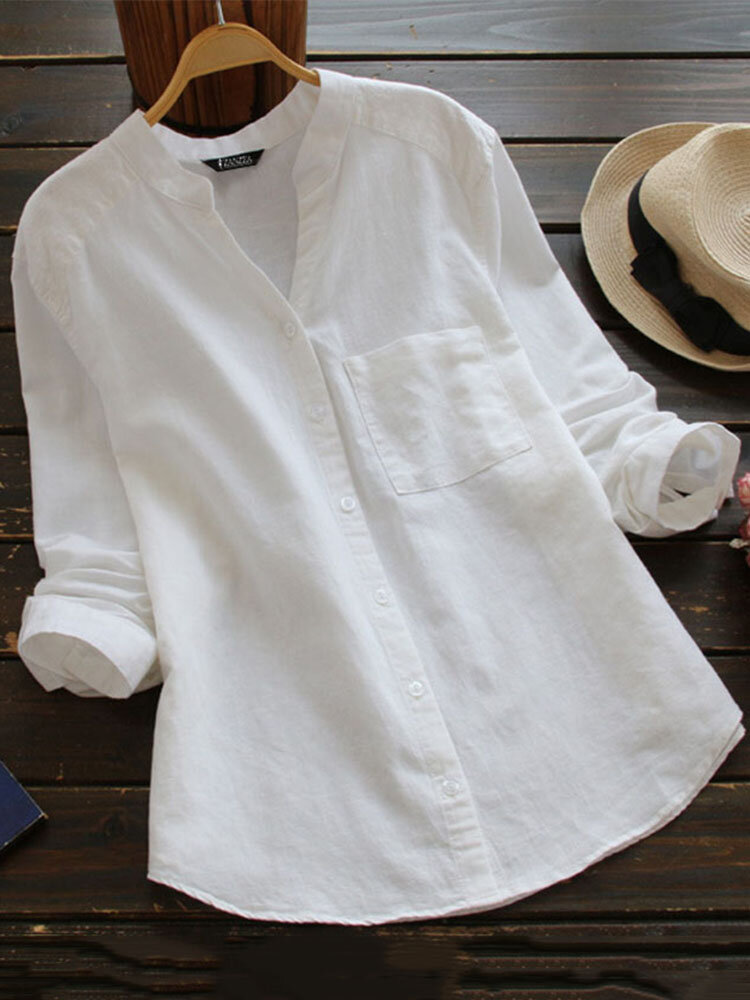 Solid Pocket Long Sleeve Button Stand Collar Blouse
