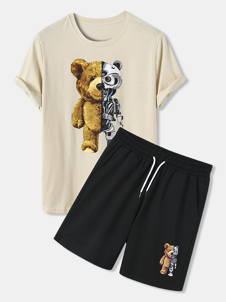 Mens Mechanical Bear Print Short Sleeve Drawstring Pocket Two Piece Outfits