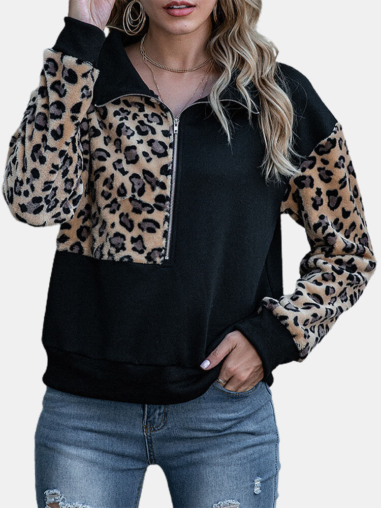 Leopard Zip Front Lapel Collar Long Sleeve Teddy Sweatshirt