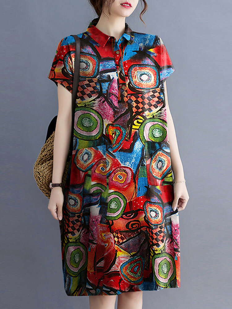 Abstract Painted Button Lapel Short Sleeve Print Midi Dress