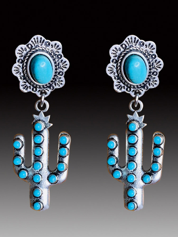 

Vintage Carved Lace Oval-shaped Turquoise With Cactus Alloy Pendant Studs Earrings, Silver