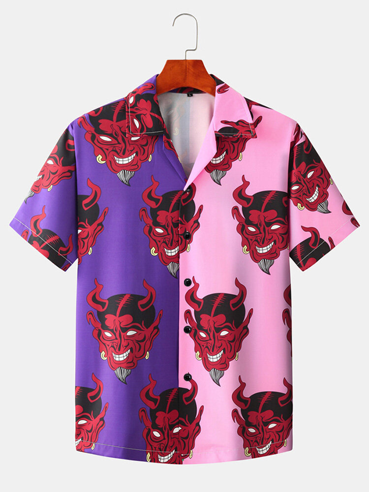 Mens Cartoon Devil Patchwork Light Casual Revere Collar Short Sleeve Shirts