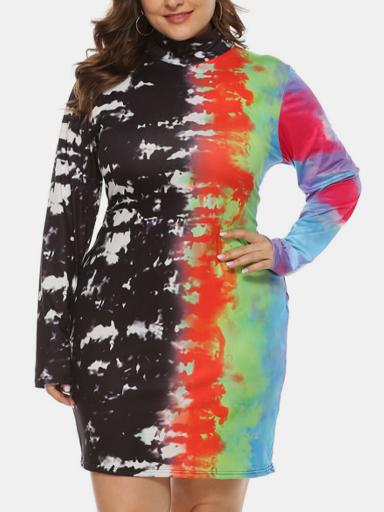 Plus Size Asymmetrical Pattern Half-collar Bodycon Print Dress