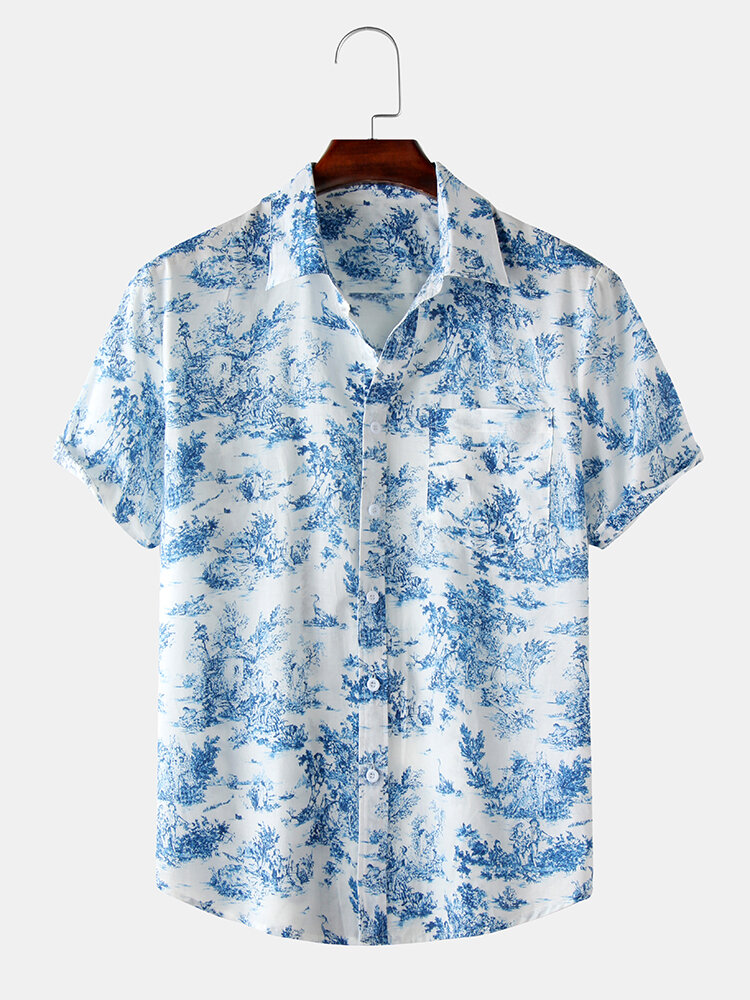 Mens Toile De Jouy Porcelain Floral Printed Short Sleeve Turn Down Collar Casual Shirt