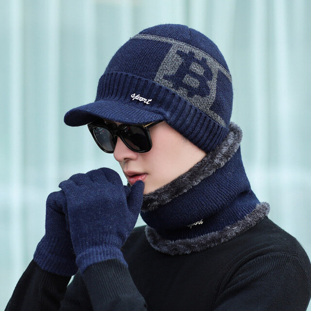 Men's Scarf Hat Gloves Three-piece Suit Knit Windproof Cap Plus Thickening Scarf Wool Hat 