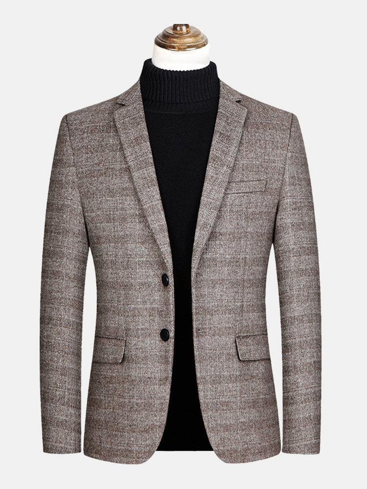 Mens Plaid Lapel Collar Single Breasted Woolen Blazer With Pocket