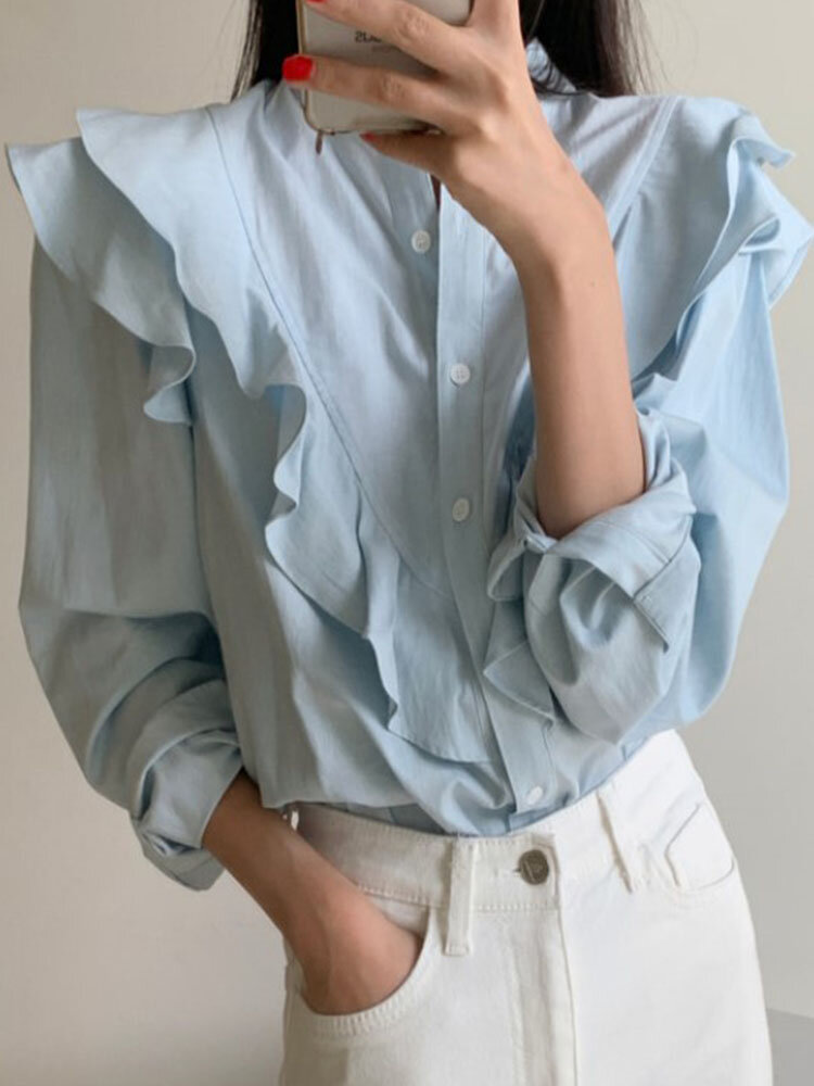 Solid Color Ruffle Stand Collar Button Romantic Blouse