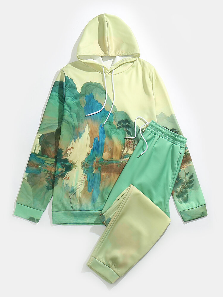 

Allover Landscape Painting Print Hoodie Co-ords, Green