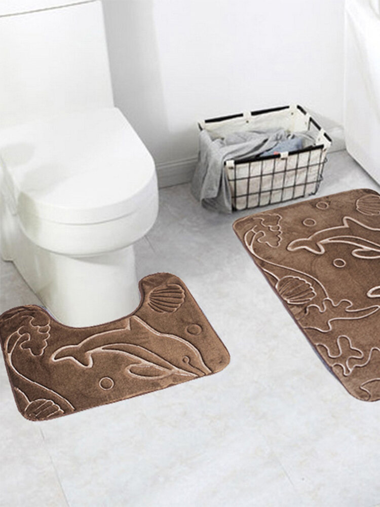 2pcs 3D Dolphin Flannel Toilet Lid Bath Rugs Soft Floor Home Anti Slip Shower Carpets Bathroom Mat Set