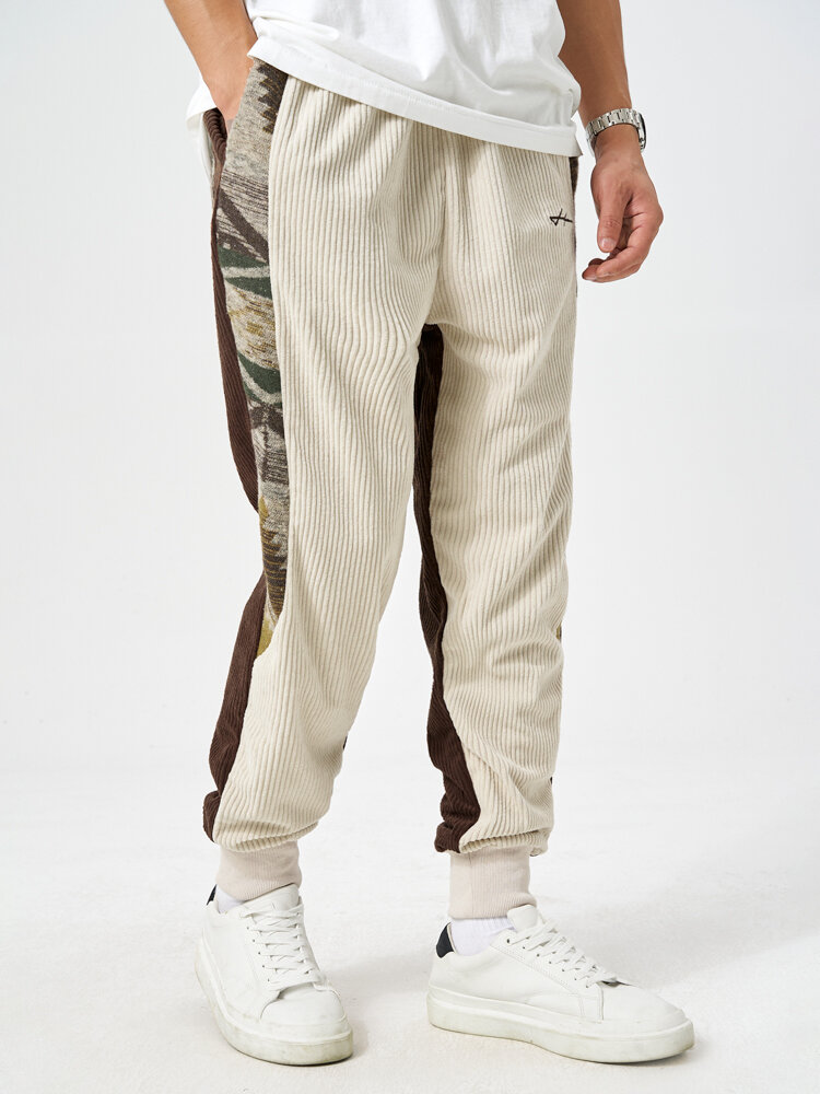 Mens Contrast Patchwork Embroidered Corduroy Loose Drawstring Pants