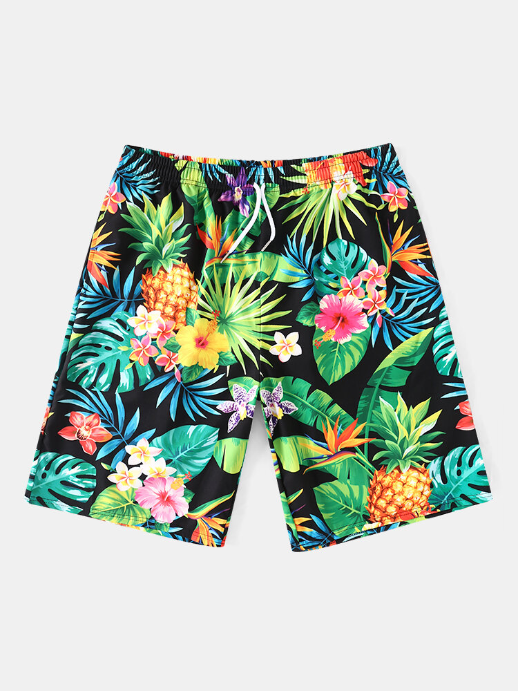 Mens Tropical Pineapple Print Holiday Mid Length Drawstring Shorts