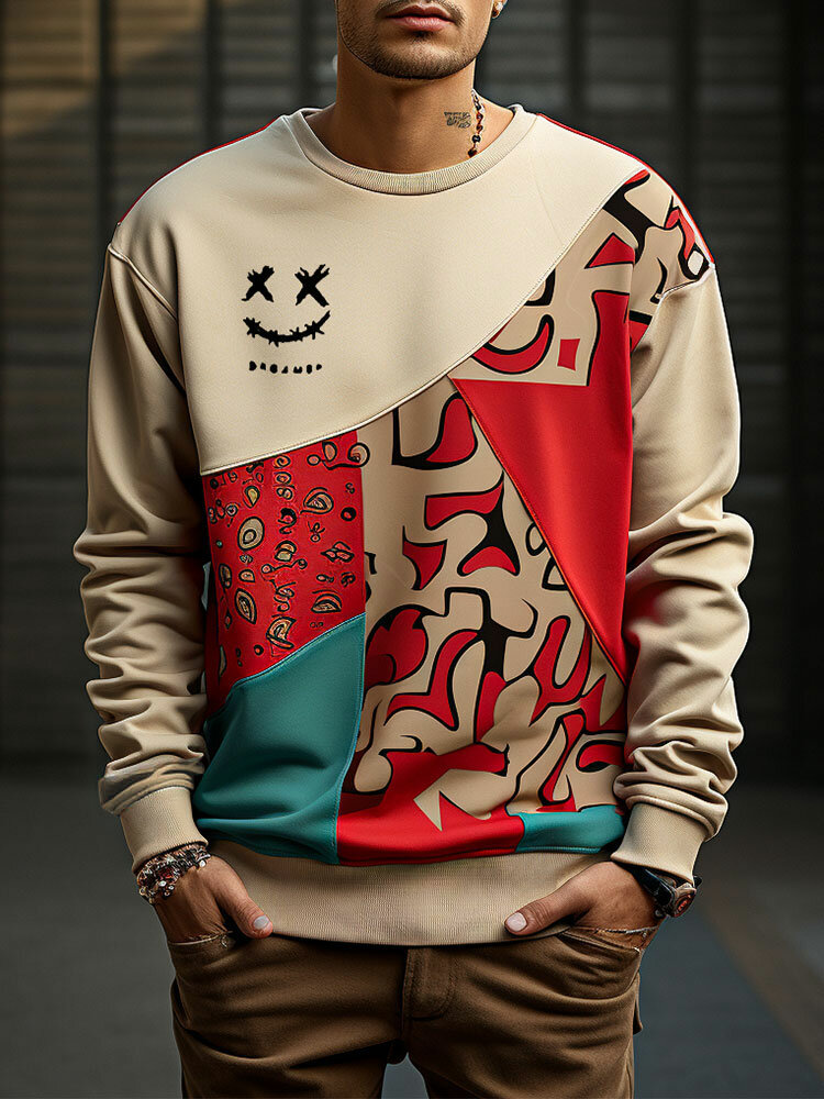 

Mens Smile Abstract Print Patchwork Crew Neck Pullover Sweatshirts Winter, Red