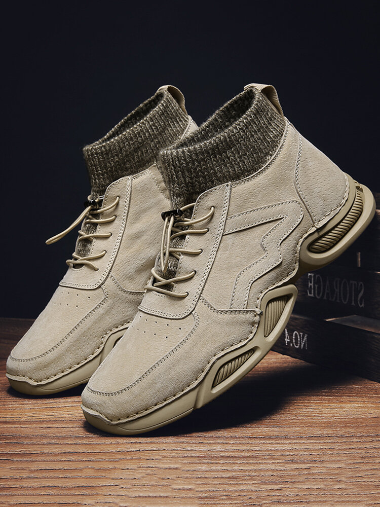 Men Suede Splicing Non Slip Elastic Lace Casual Ankle Boots