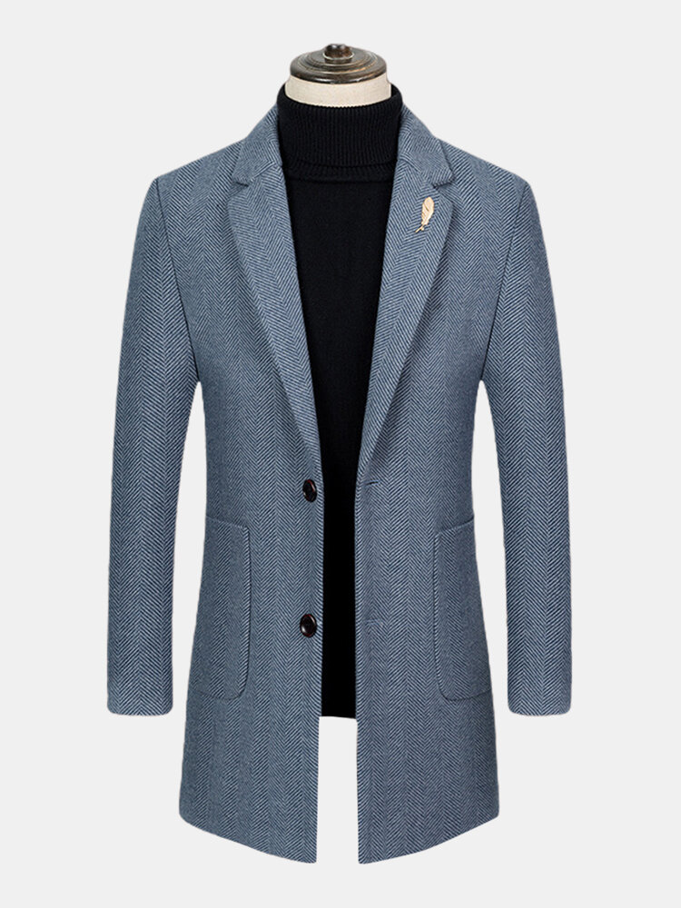Mens Textured Woolen Button Up Business Casual Mid-Length Overcoats