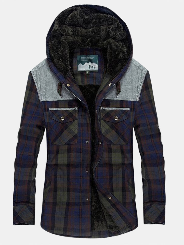 Mens Plaid 100% Cotton Plush Lined Thick Snap Button Shirt Hooded Overcoats