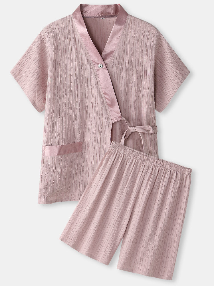 

Plus Size Women Cotton Crease Texture Button Collar Tie Side Kimono Sauna Pajamas Sets, Pink