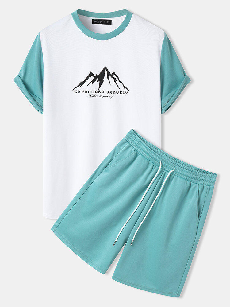 Mens Mountain Slogan Print Crew Neck Two Pieces Outfits