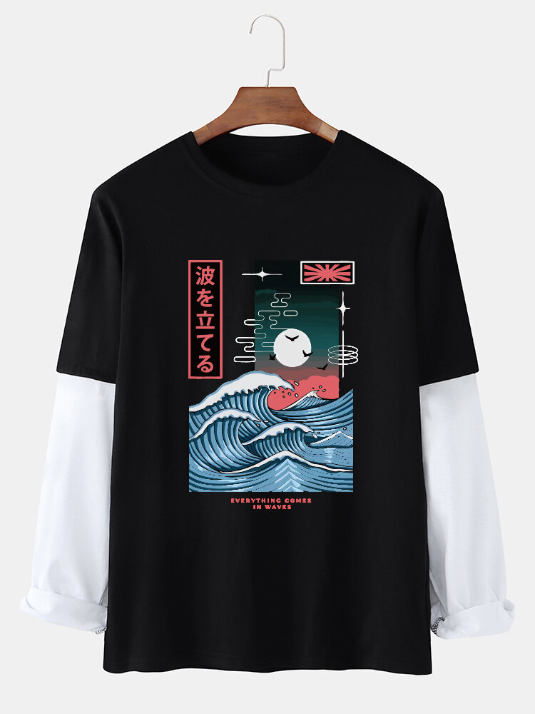 Mens Ukiyoe Printed Waves Long Sleeve Skin Friendly T-Shirts