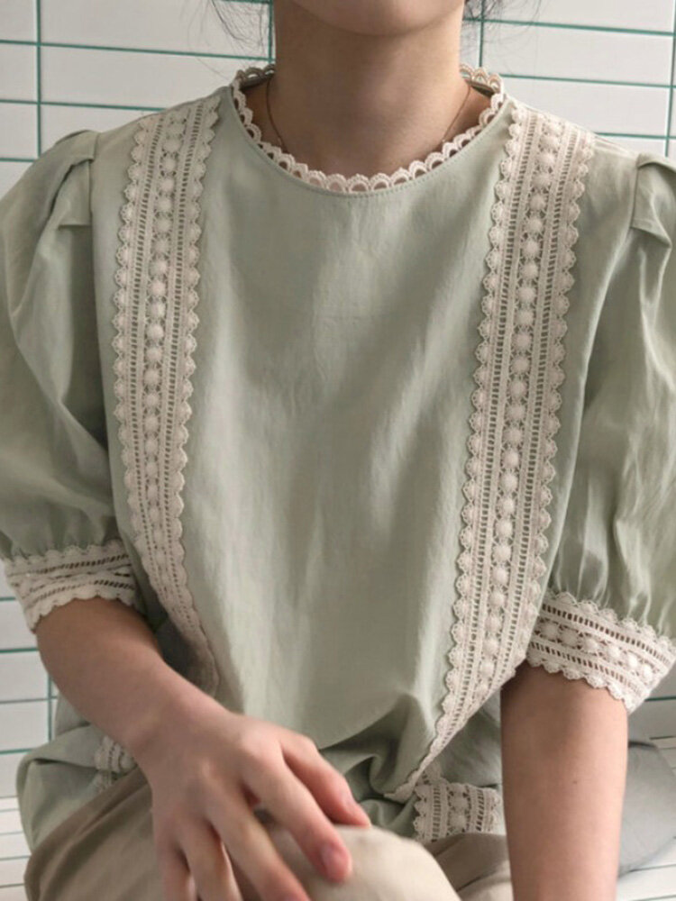 Blusa feminina de crochê renda e patchwork meia manga elegante