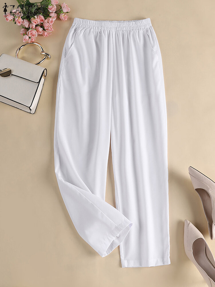 महिलाओं के लिए सॉलिड रंग की इलास्टिक कमर वाली कैज़ुअल पैंट पॉकेट के साथ