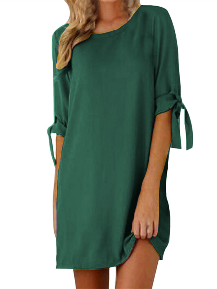 

Women Solid Color Crew Neck Tie Sleeve Casual Dress, Navy;black;green;pink;wine red;royal