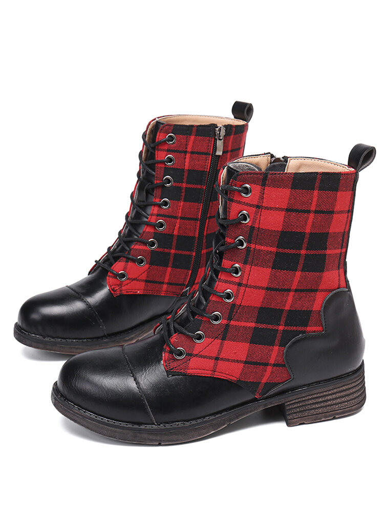 

Women Casual Plaid Patchwork Lace Up Chunky Heel Combat Boots, Black;red