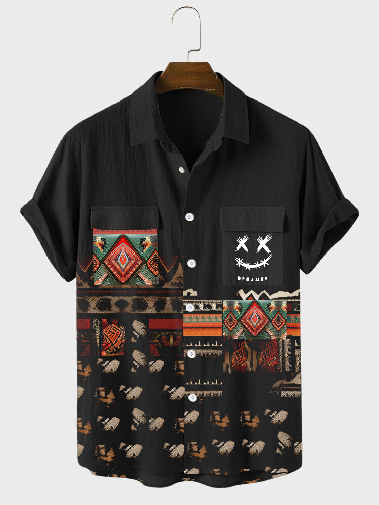 

Mens Ethnic Geometric Smile Print Patchwork Flap Pocket Short Sleeve Shirts, Black