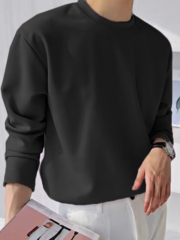 Mens Casual Solid Color Long-sleeved T-Shirts