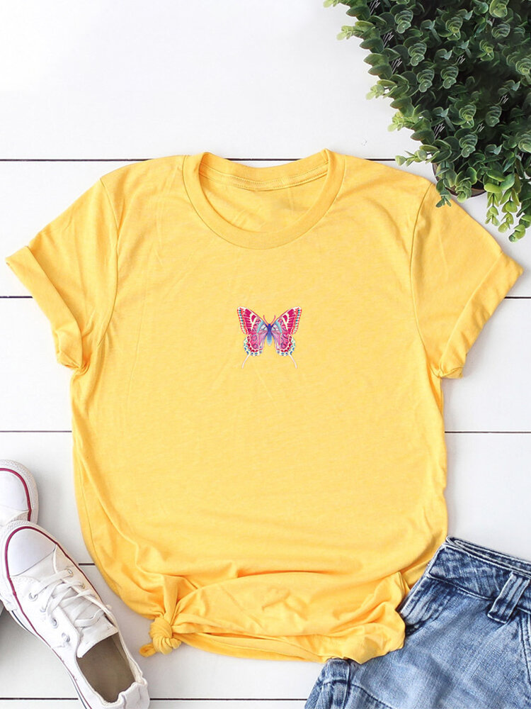Butterfly Print Short Sleeve O-neck T-shirt For Women