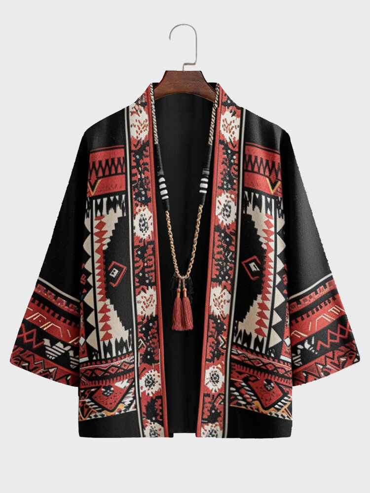 

Mens Ethnic Geometric Print Open Front Loose 3/4 Sleeve Kimono, Red