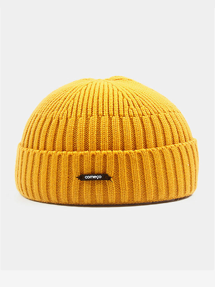 Unisex Knitted Solid Color Letter Label Dome All-match Brimless Beanie Landlord Cap Skull Cap