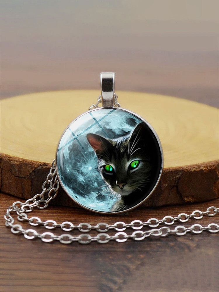 1 PC Casual Trend Cartoon Black Cat Moon Pattern Glass Glass Pendant Necklace