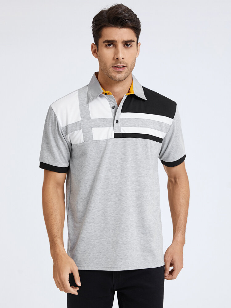 Mens 100% Cotton Patchwork Short Sleeve Casual Golf Shirt