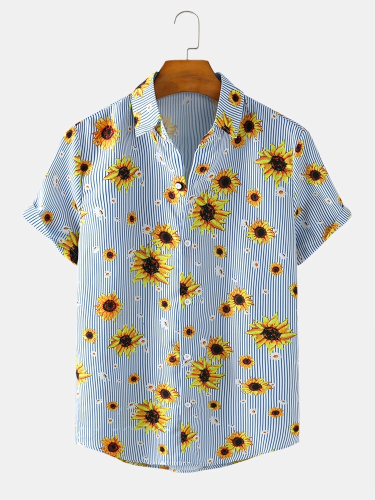 Mens Sunflower & Stripe Print Casual Light Short Sleeve Summer Shirts