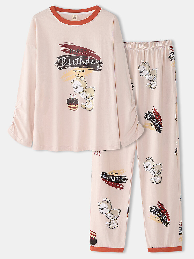 

Women Cartoon Graphics Letter Print Blouse Pocket Pants Home Comfy Pajamas, Pink