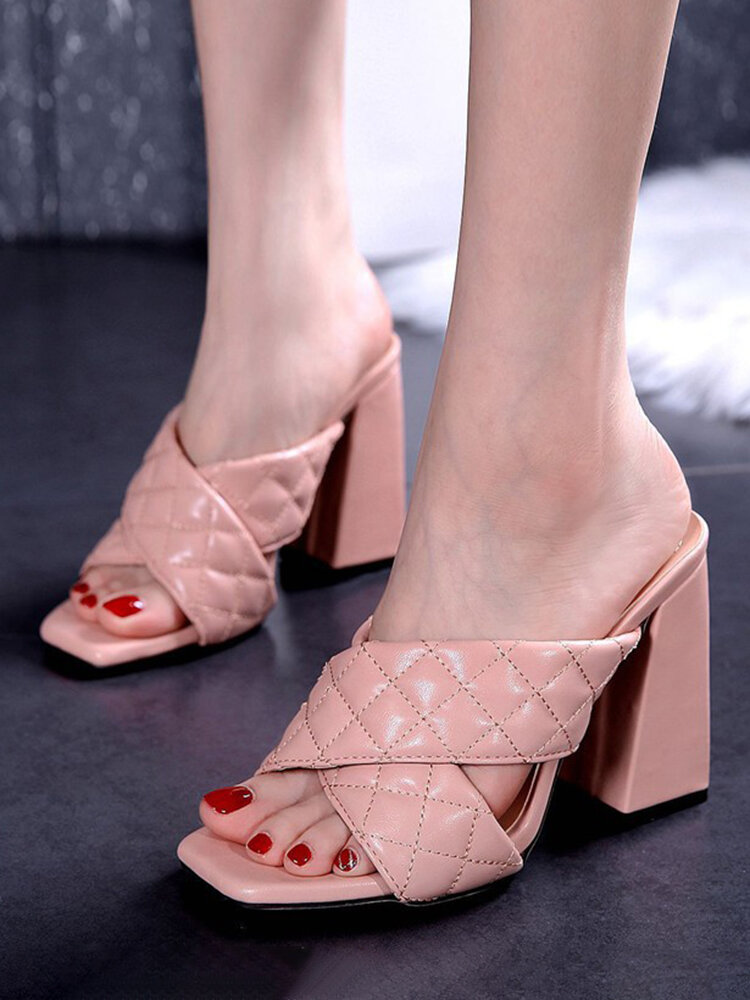 Plus Size Women Daily Cross Band Square Toe Chunky High Heels Slippers