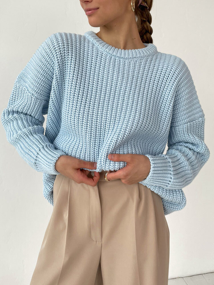 Solid Loose Dropped Shoulder Long Sleeve Knit Sweater
