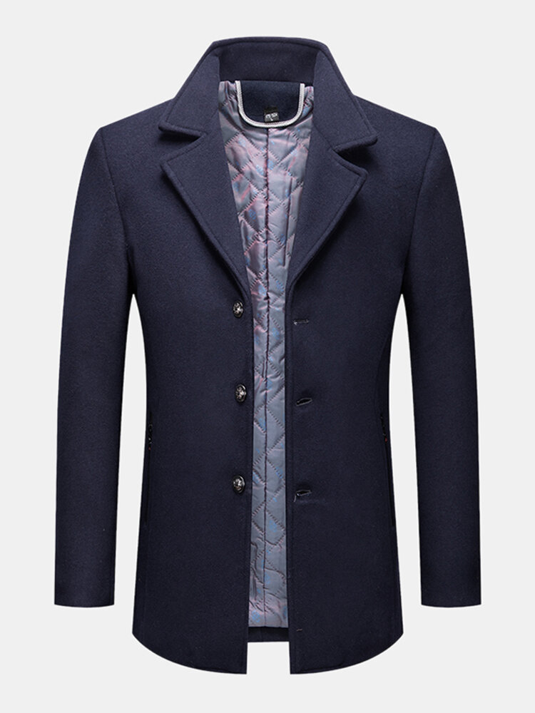 Mens Single-Breasted Notch Collar Business Zipper Pocket Woolen Coat