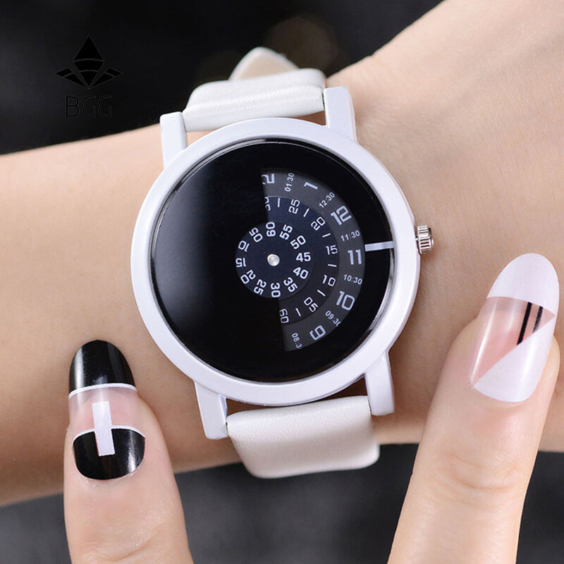 

Fashion Sport Women Watches Rotate Indicator No Hand Design Leather Band Quartz Watch, Black;white;black white