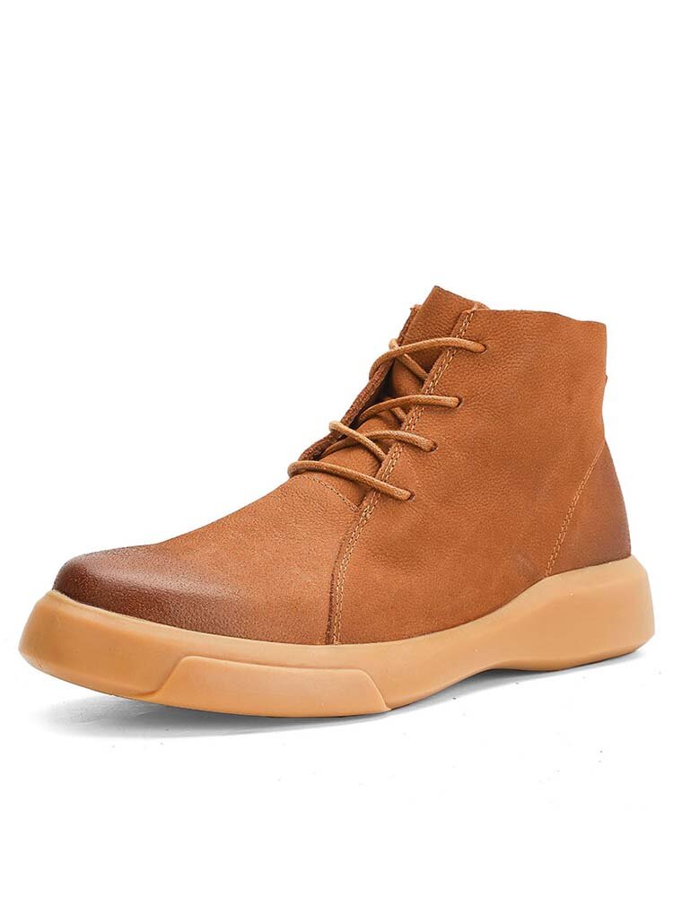 Men Cow Leather Slip Resistant Pure Color Soft Sole Casual Boots
