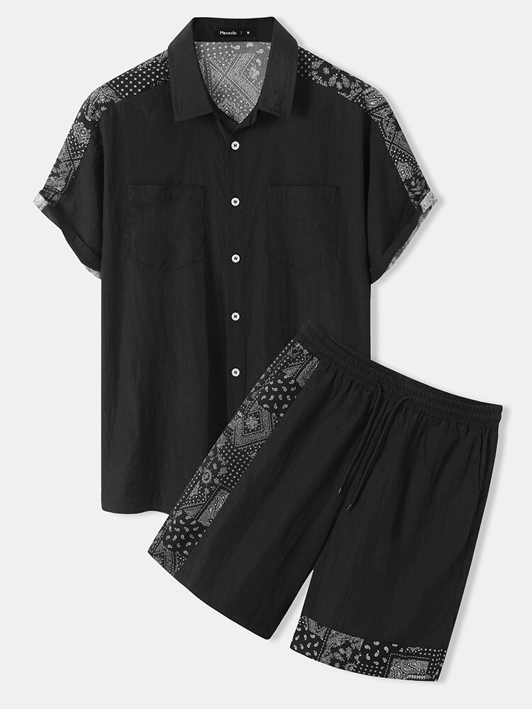 Mens Monochrome Paisley Print Patchwork Textured Two Pieces Outfits