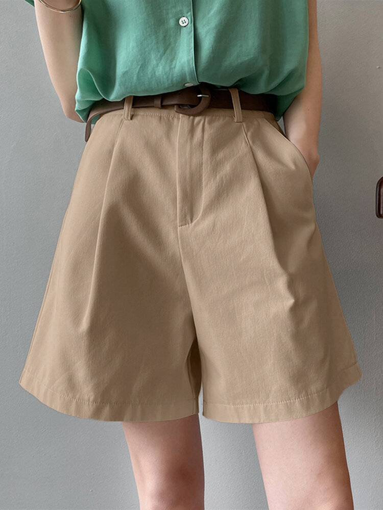Pleats Zip Belted High Waist Thigh Length Pocket Shorts