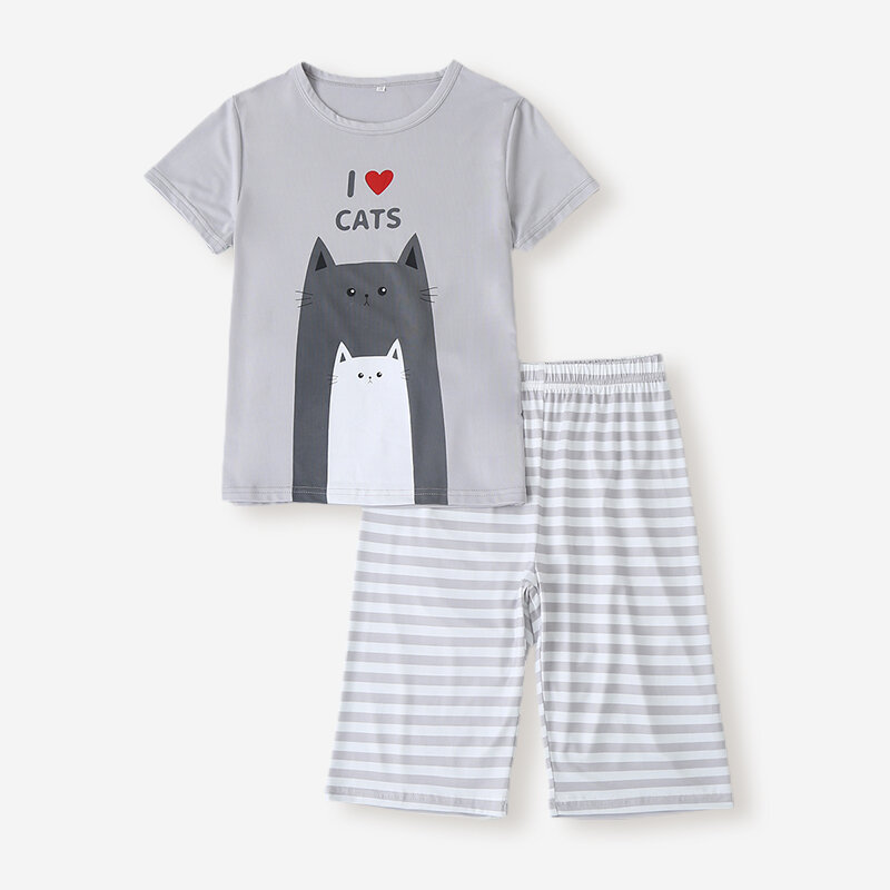 

Boy's Cartoon Striped Print Short Sleeves Casual Pajama Set For 6-12Y, Gray